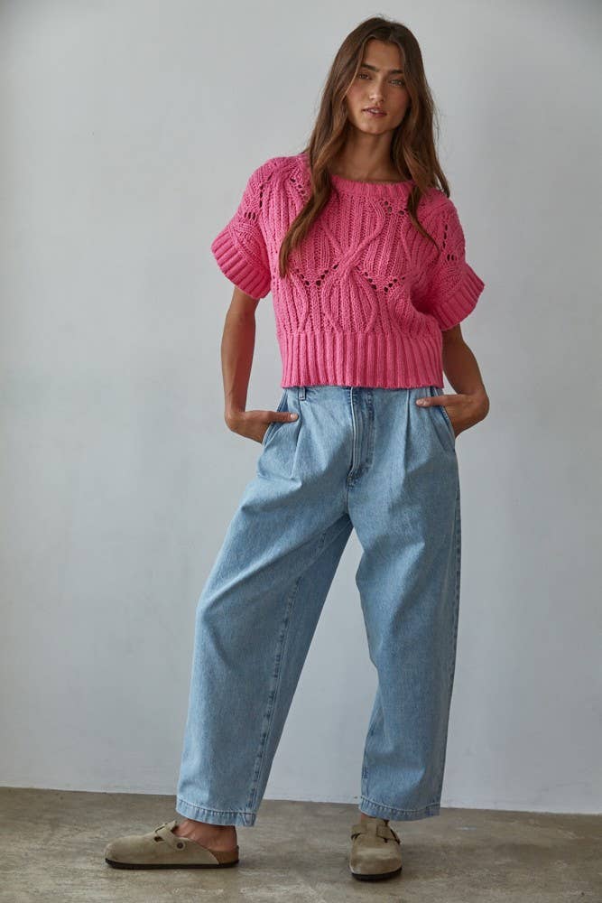 W1124 | Knit Sweater Crochet Round Neck Short Sleeve Top: Cream