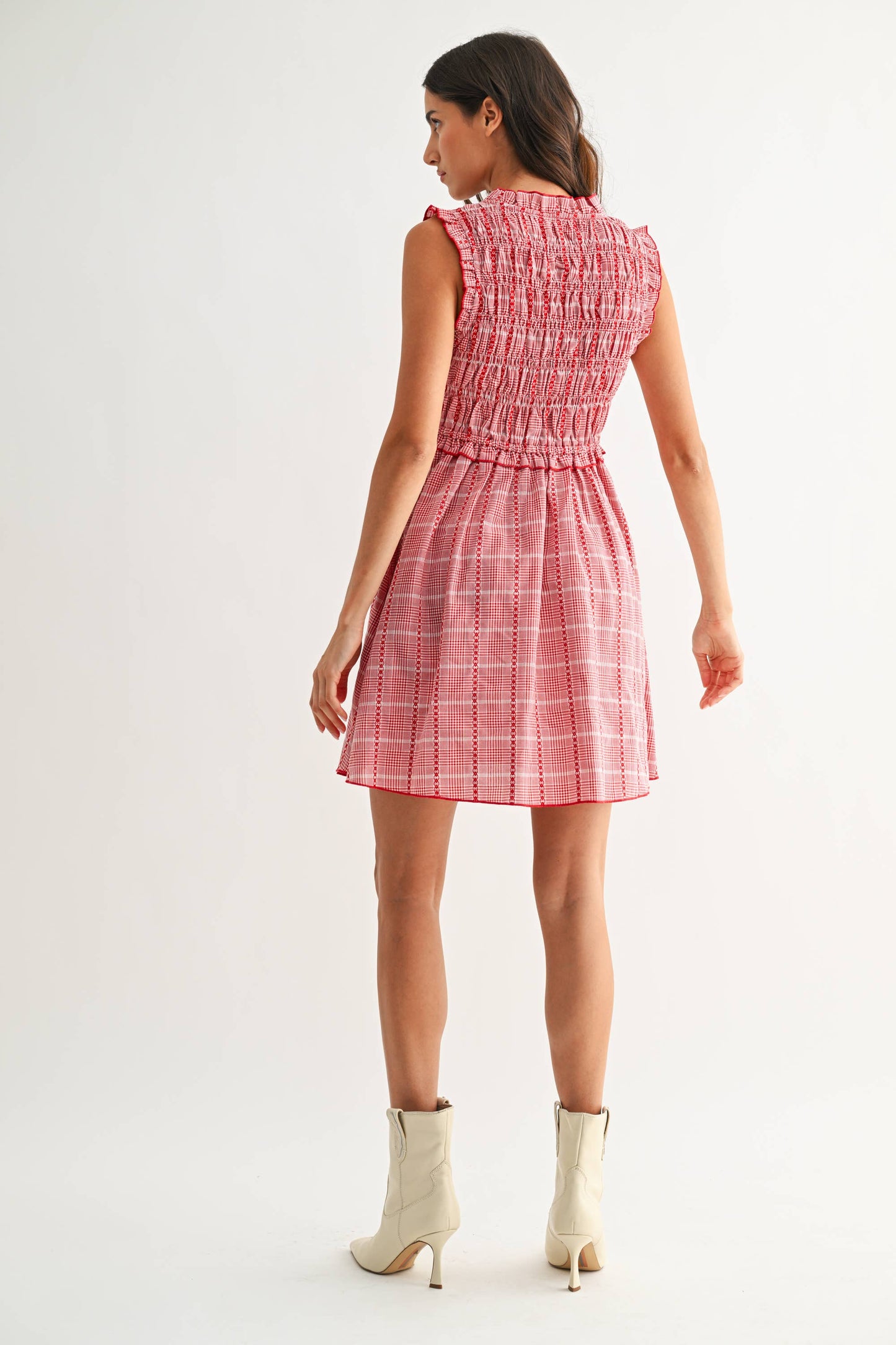 Red Plaid Smocked Mini Dress