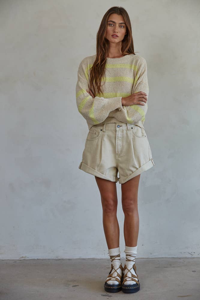 W1856 | Knit Sweater Striped Crewneck Long Sleeve Top: Light Mint Green