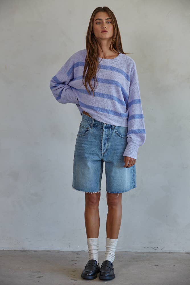 W1856 | Knit Sweater Striped Crewneck Long Sleeve Top: Natural Lime