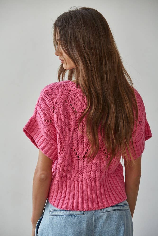 W1124 | Knit Sweater Crochet Round Neck Short Sleeve Top: Cream