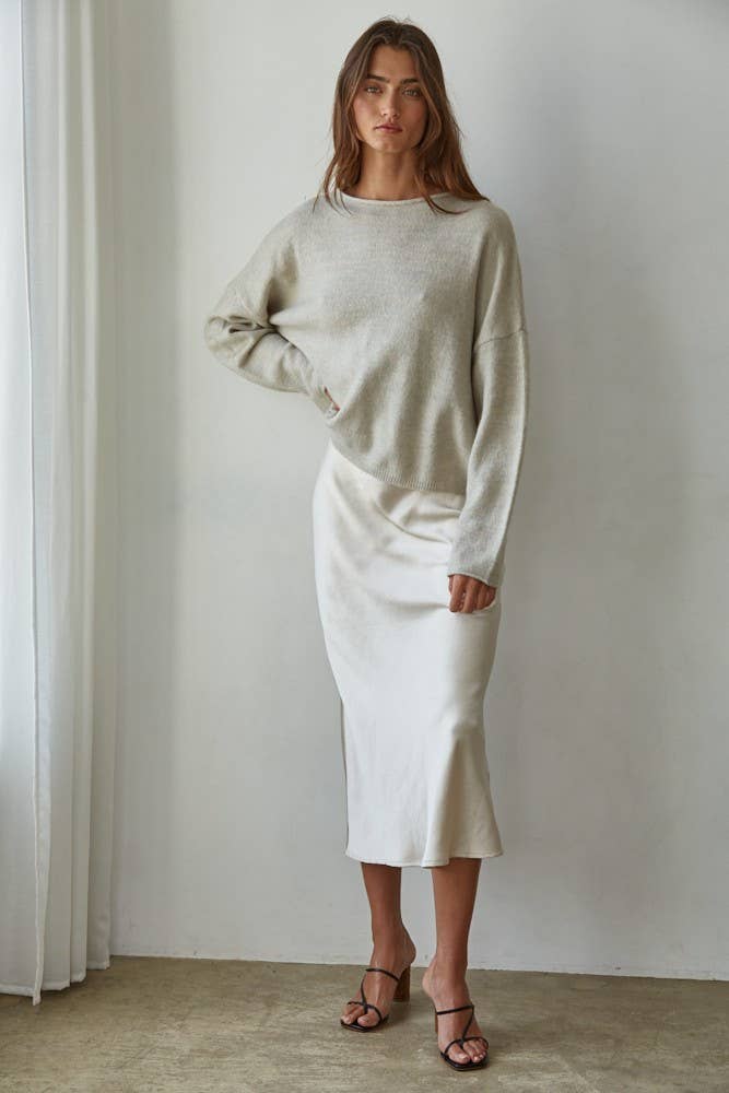 W2114 | Knit Sweater Rolled Round Neck Pullover Top: Off White / L
