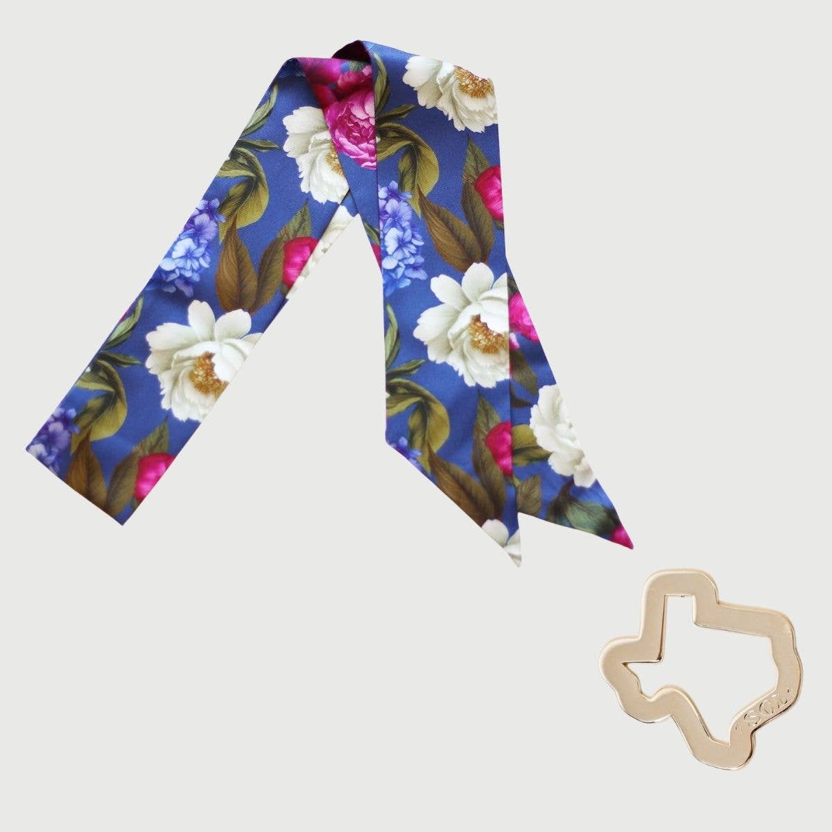 Twilly-Tie Set-Romantic Blue Floral | Wrist Scarf Ring 42": Classic Gold