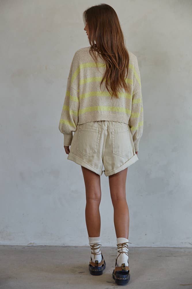 W1856 | Knit Sweater Striped Crewneck Long Sleeve Top: Light Mint Green