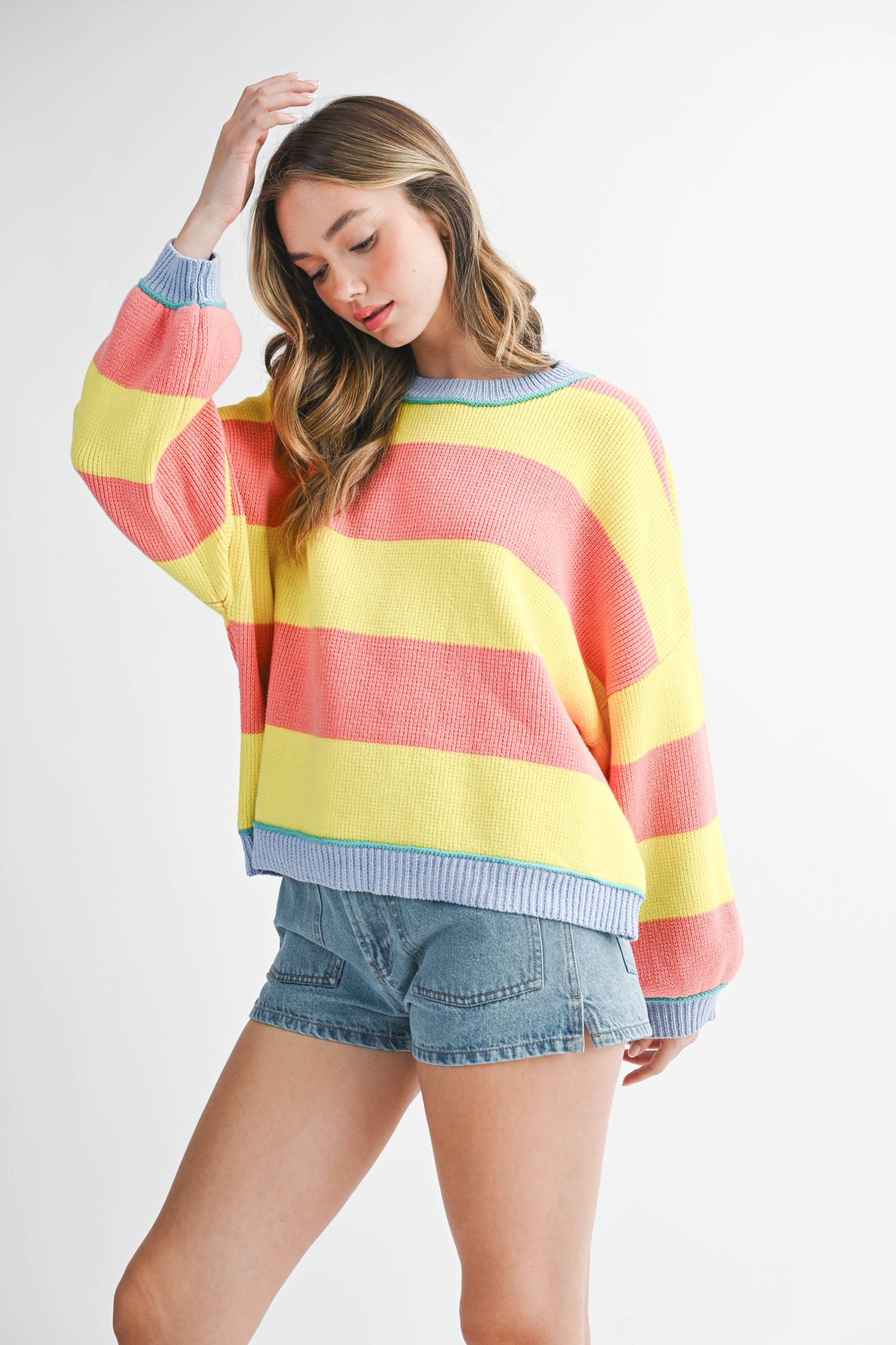3404GK Striped Knit Crewneck Pullover Sweater: Sunburst / Contemporary