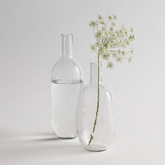 Two clear glass vases with a single stem of flowers on a light gray background