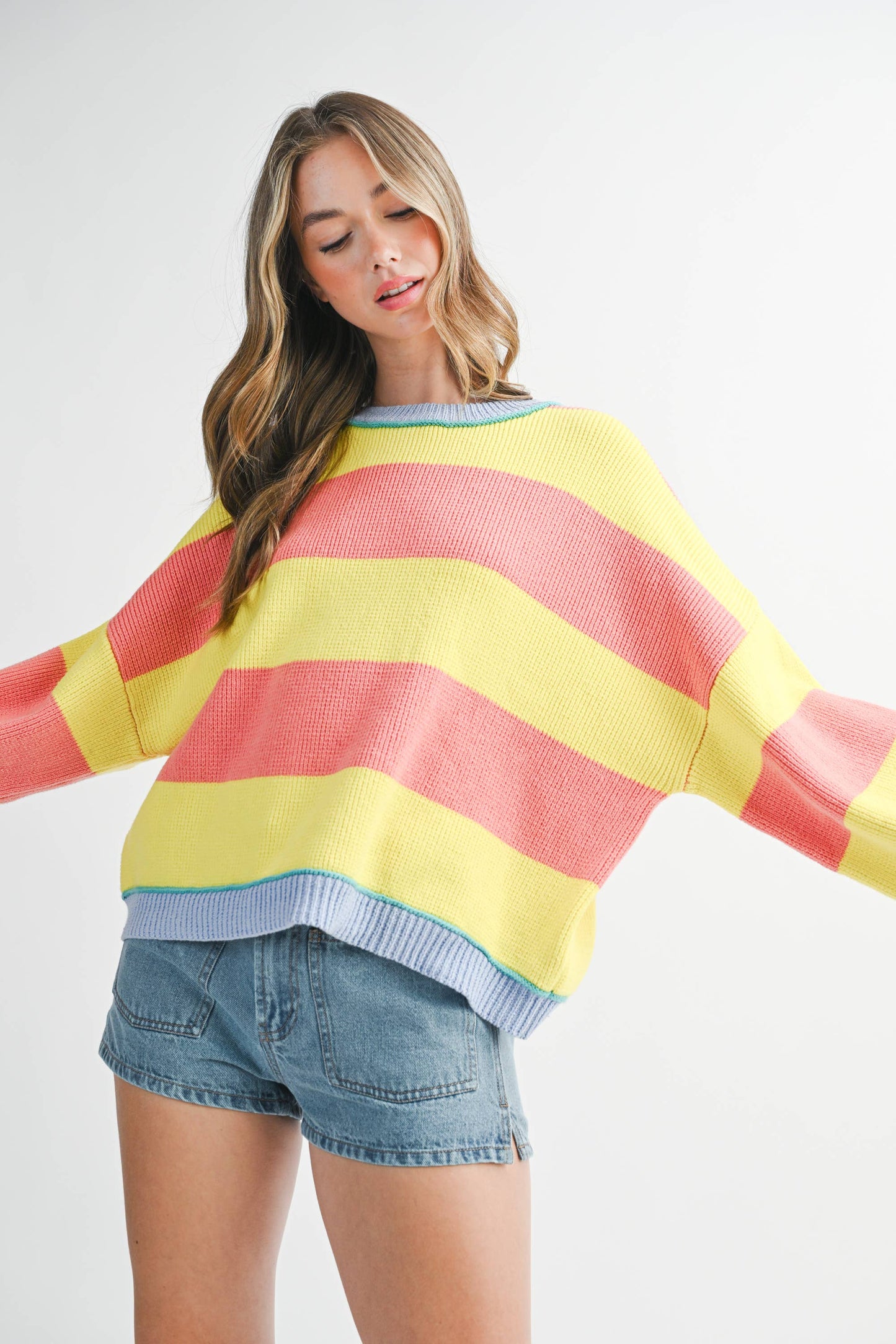 3404GK Striped Knit Crewneck Pullover Sweater: Sunburst / Contemporary
