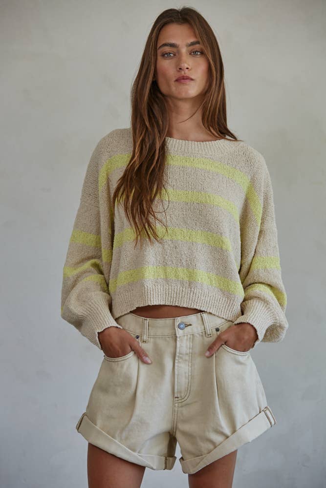 W1856 | Knit Sweater Striped Crewneck Long Sleeve Top: Natural Lime