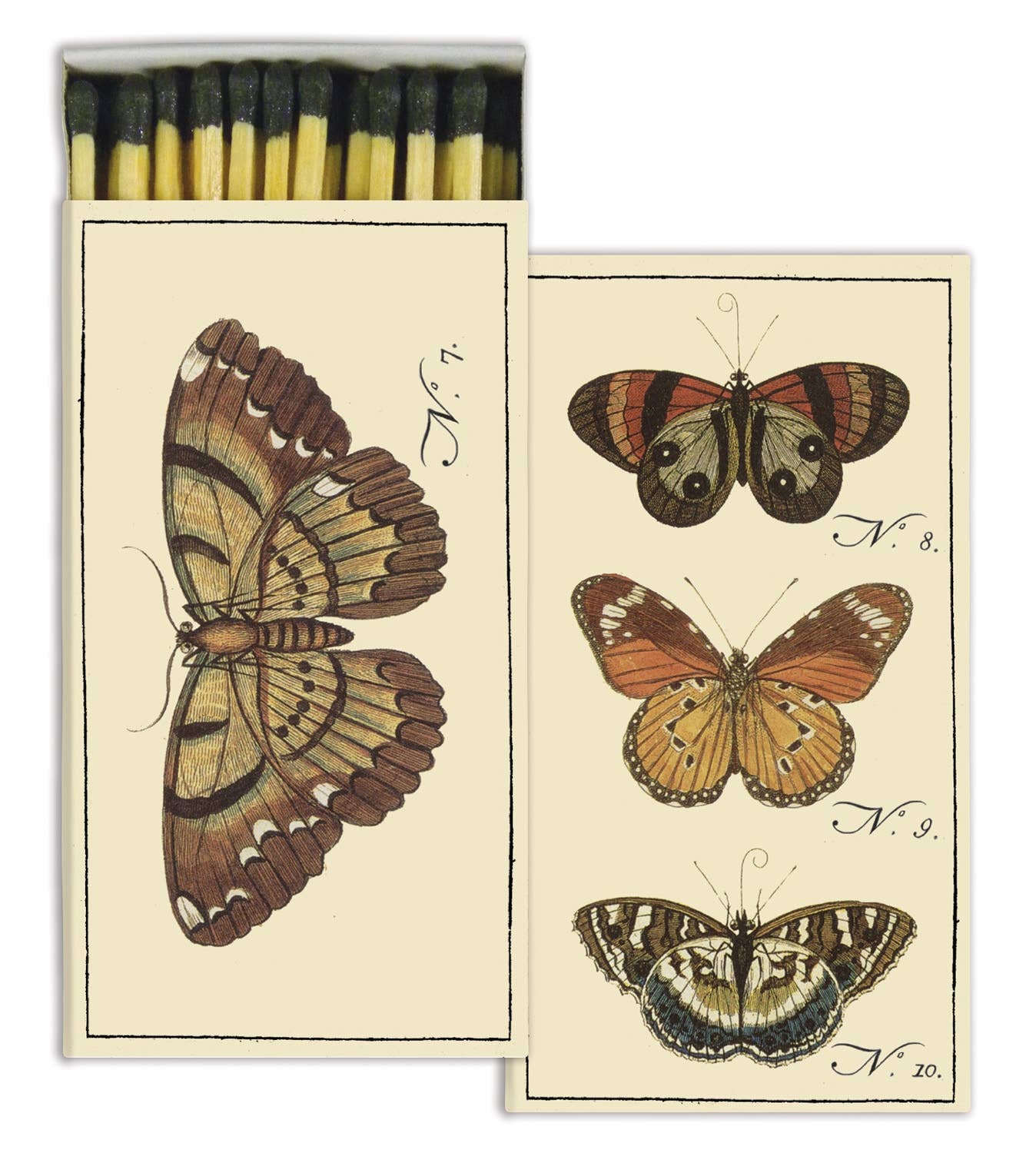 Matchbox with butterfly illustrations on a beige background