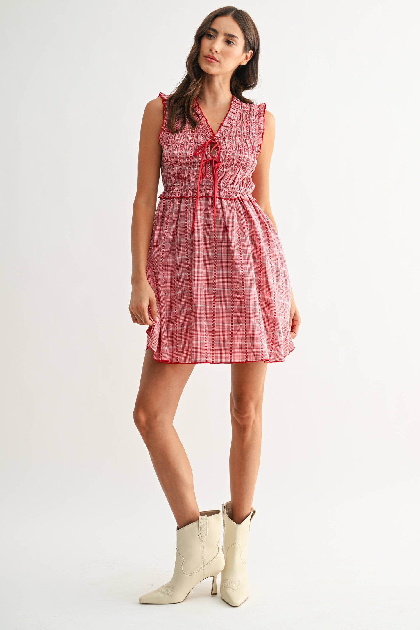 Red Plaid Smocked Mini Dress