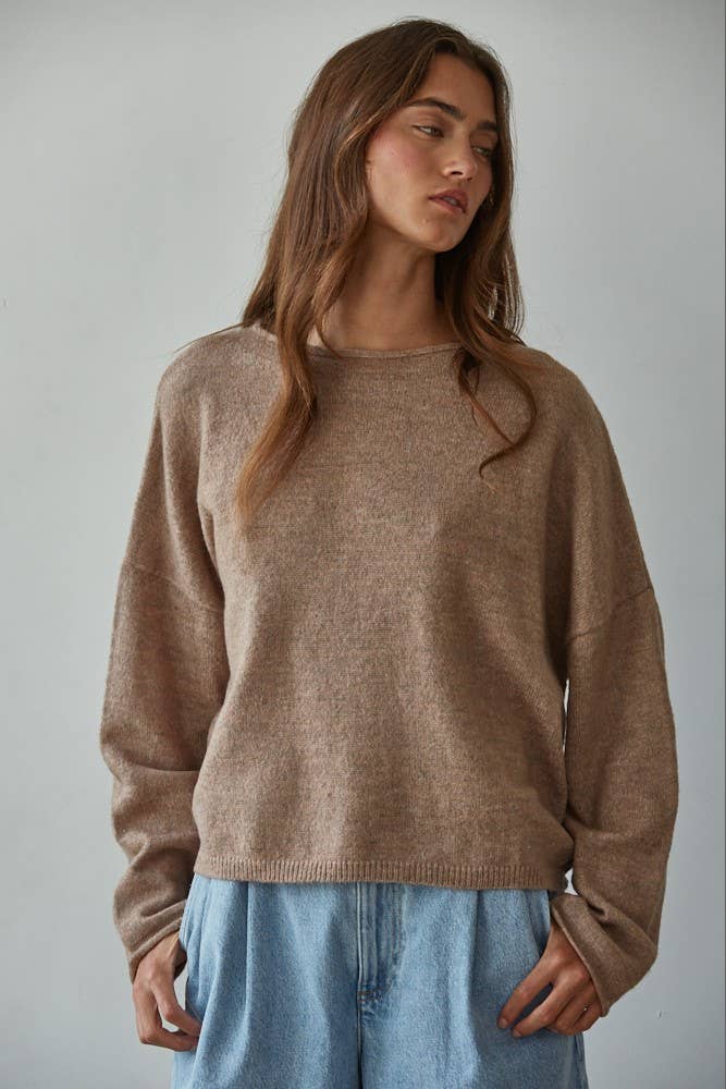 W2114 | Knit Sweater Rolled Round Neck Pullover Top: Off White / L