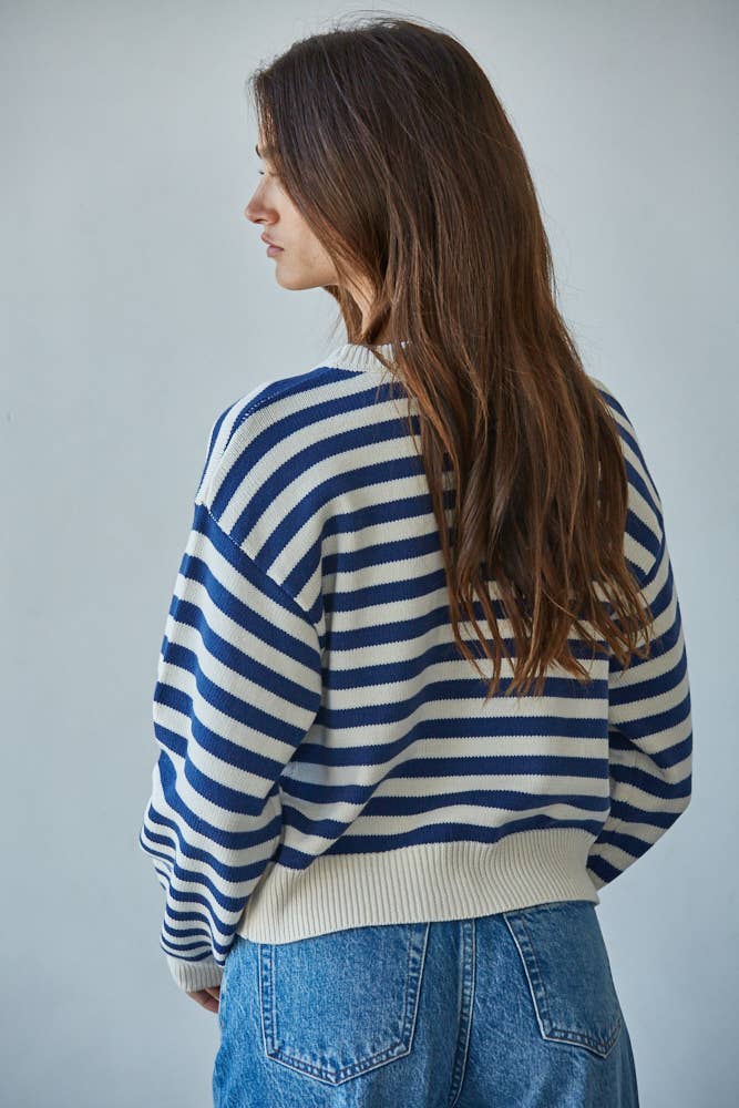 Knit Sweater Nylon Wool Acrylic Striped Pullover: Cream Navy