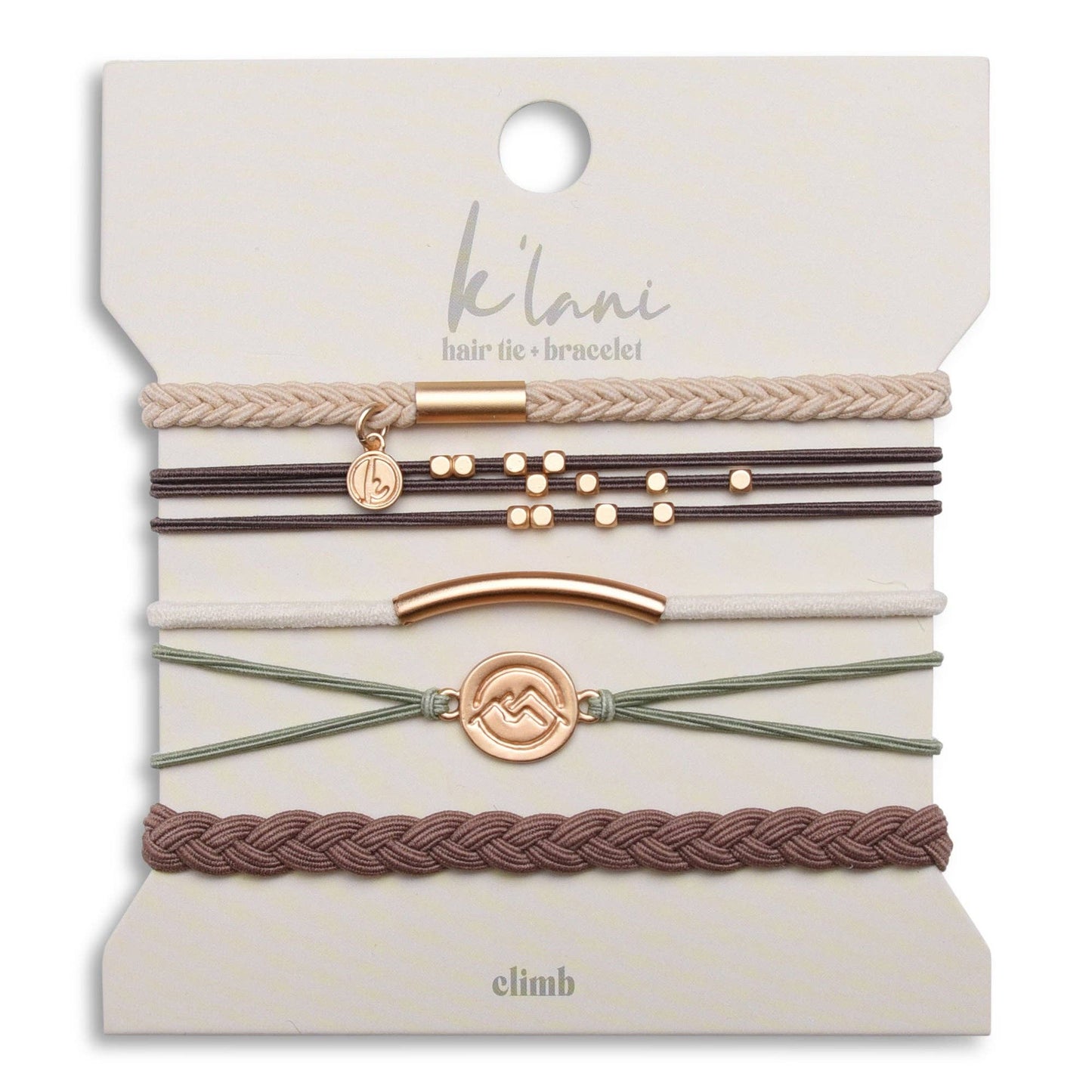 Set of hair ties and bracelets on a branded card with 'ki'ani' branding.