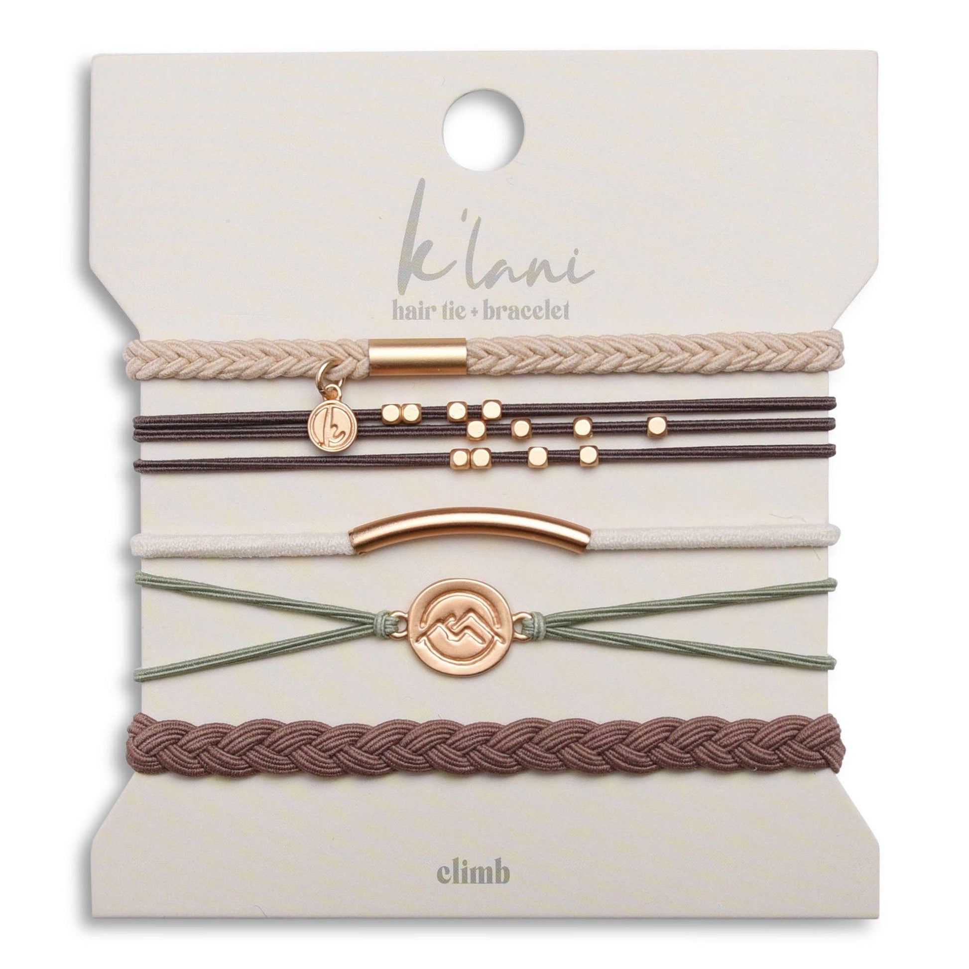 Set of hair ties and bracelets on a branded card with 'ki'ani' branding.