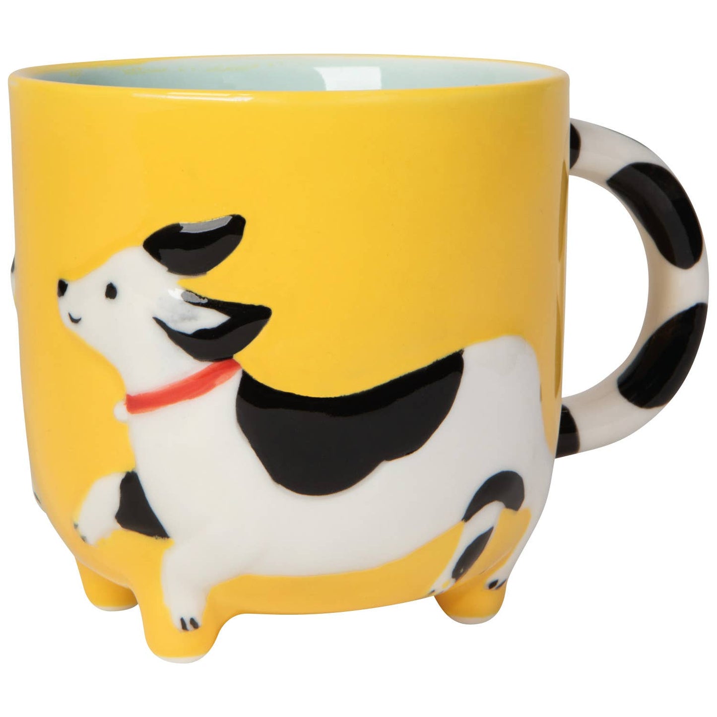 Yellow mug with a black and white dog design on a white background