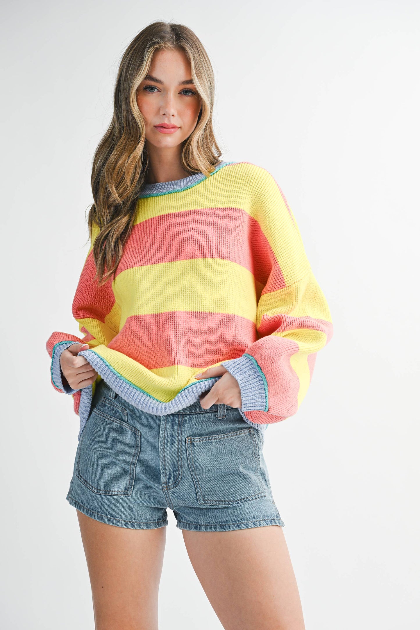 3404GK Striped Knit Crewneck Pullover Sweater: Sunburst / Contemporary