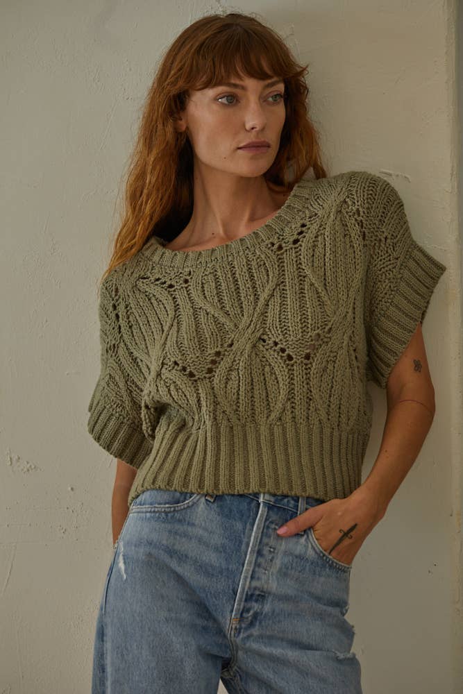 W1124 | Knit Sweater Crochet Round Neck Short Sleeve Top: Cream