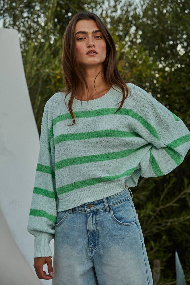 W1856 | Knit Sweater Striped Crewneck Long Sleeve Top: Light Mint Green