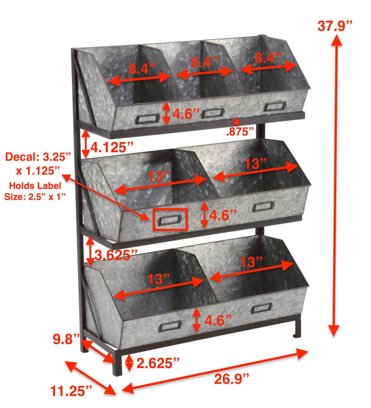 Industrial Metal Bin Organizer with 7 bins