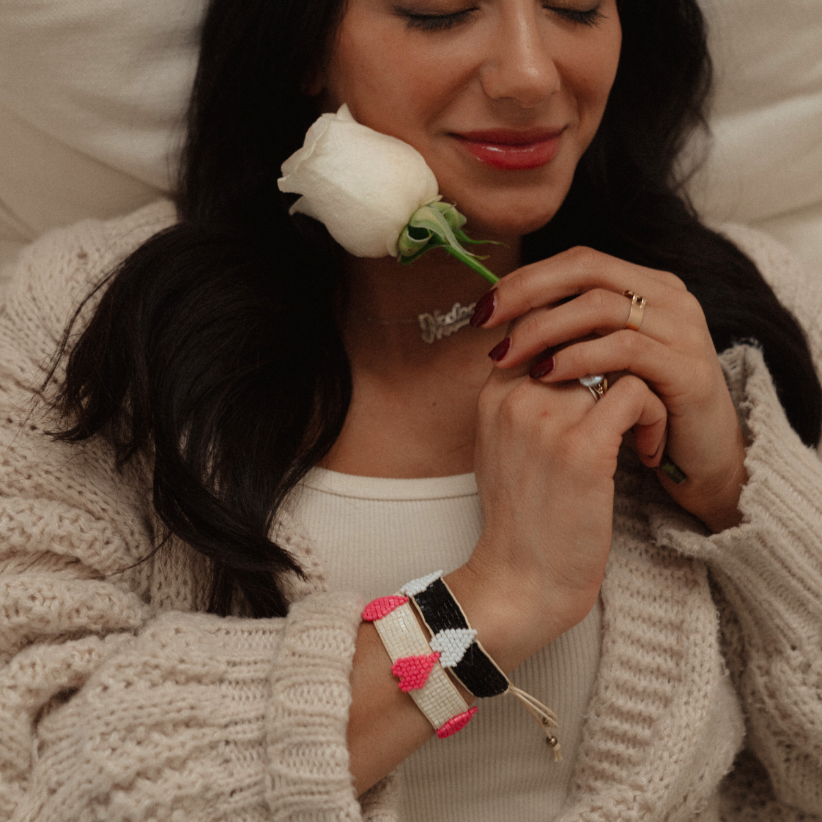 Local Beach Love Collection Heart Beaded Bracelet: White/Black / Heart Beaded Bracelet