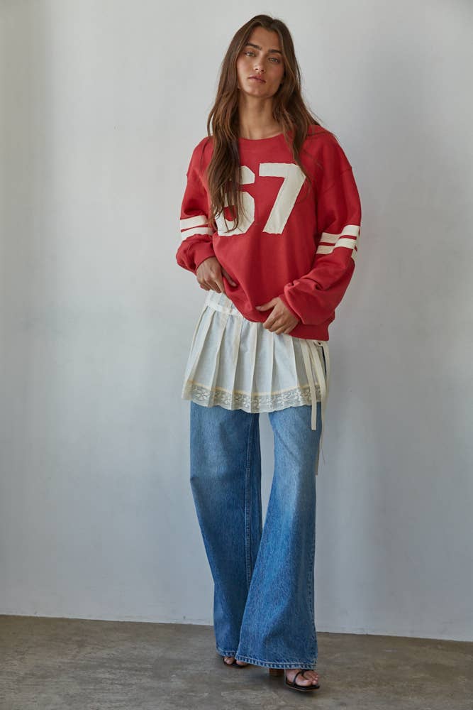 L8598T | Knit Cotton French Terry Crew Neck Pullover: Dusty Red