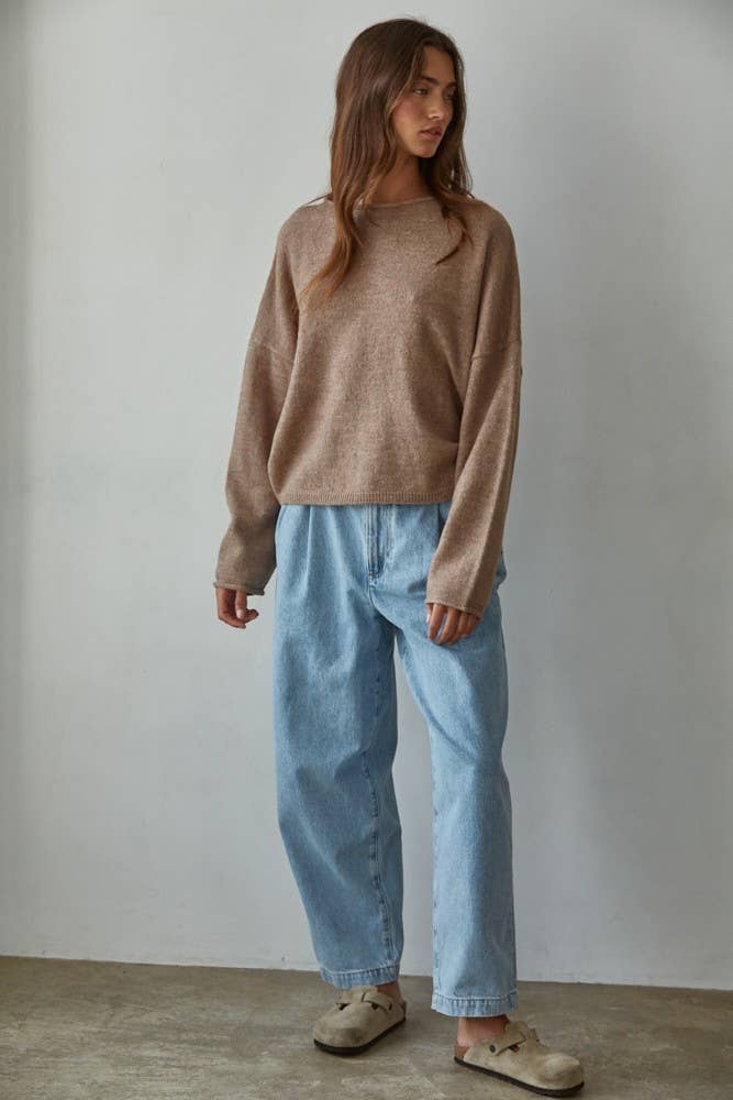 W2114 | Knit Sweater Rolled Round Neck Pullover Top: Off White / L