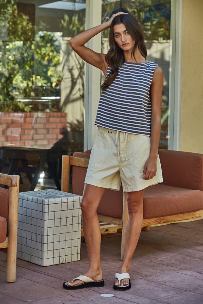 By Together - L9620 | Knit Cotton Striped Round Neck Sleeveless Top