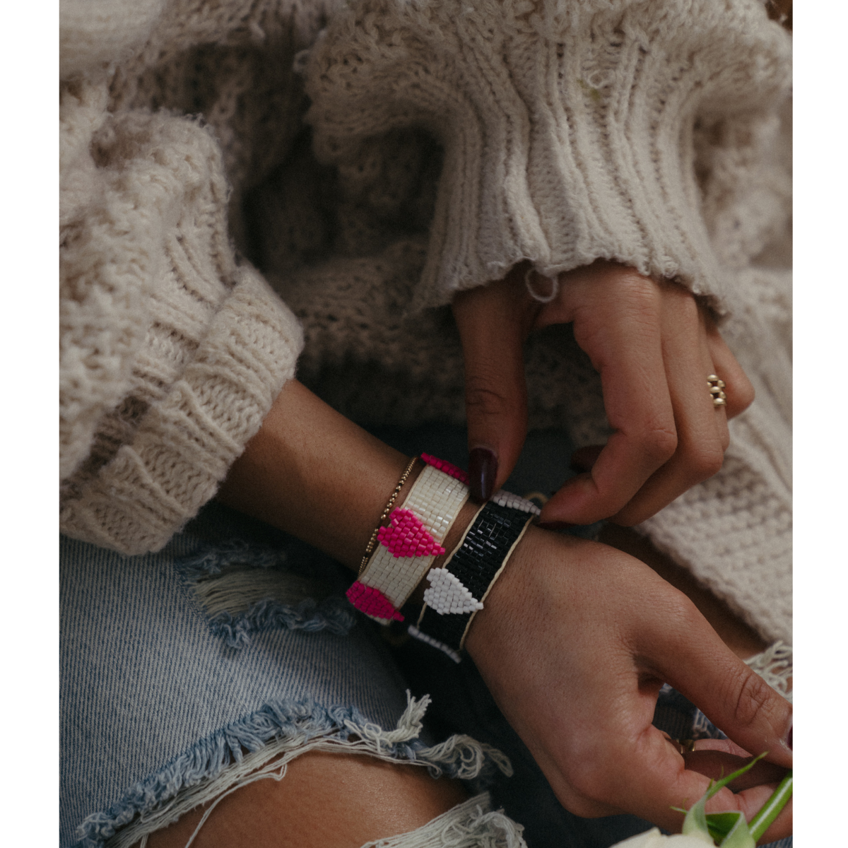 Local Beach Love Collection Heart Beaded Bracelet: White/Black / Heart Beaded Bracelet