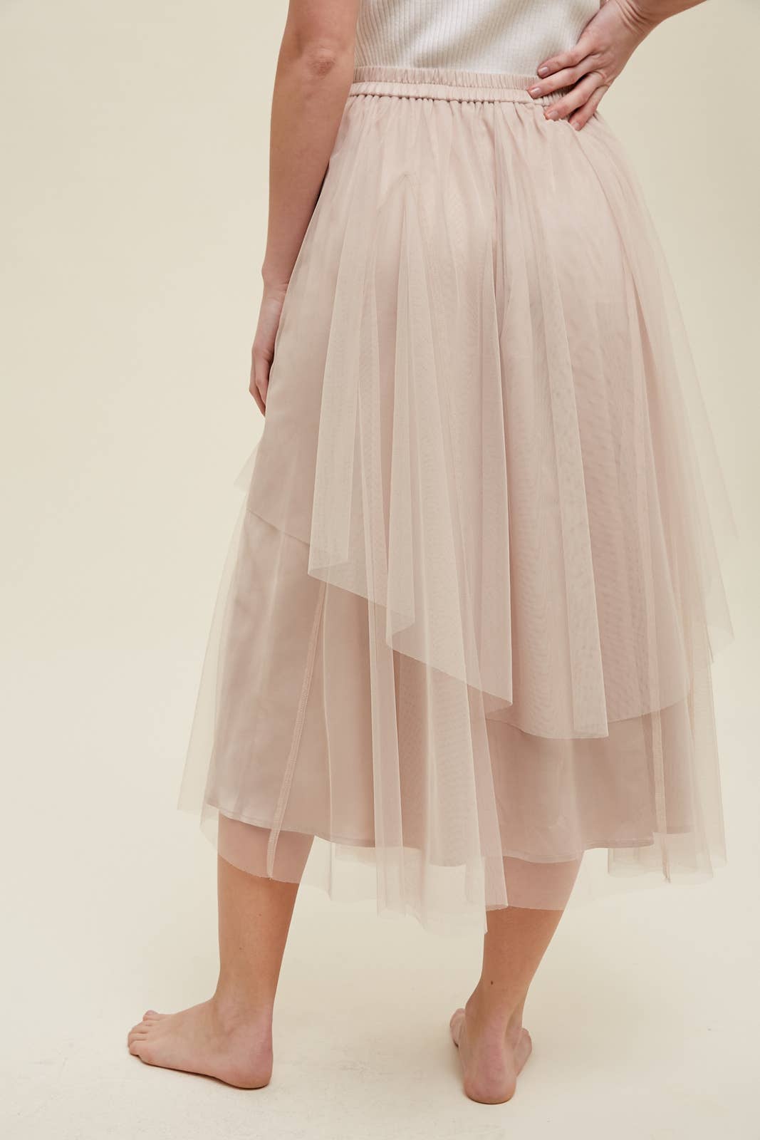 Champagne Tulle Midi Skirt – Double Layered Elastic Waist