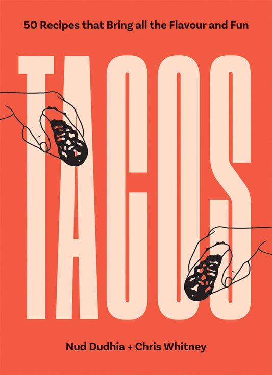 Book cover of 'Tacos' with text and illustrations on a red background