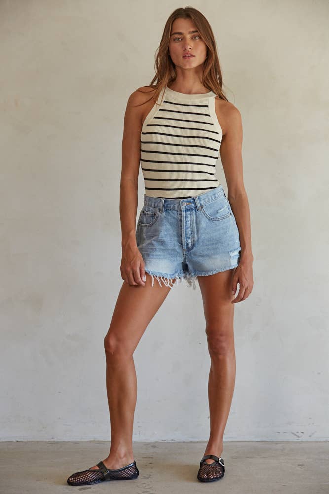 W1651 | Knit Sweater Ribbed Striped Tank Top: Cream Black
