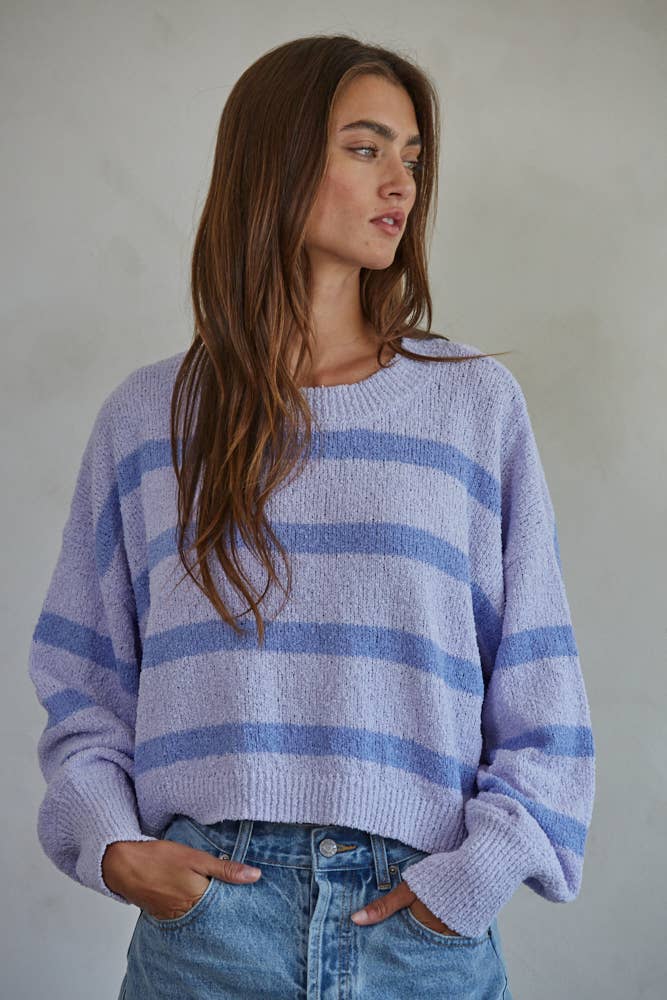 W1856 | Knit Sweater Striped Crewneck Long Sleeve Top: Natural Lime
