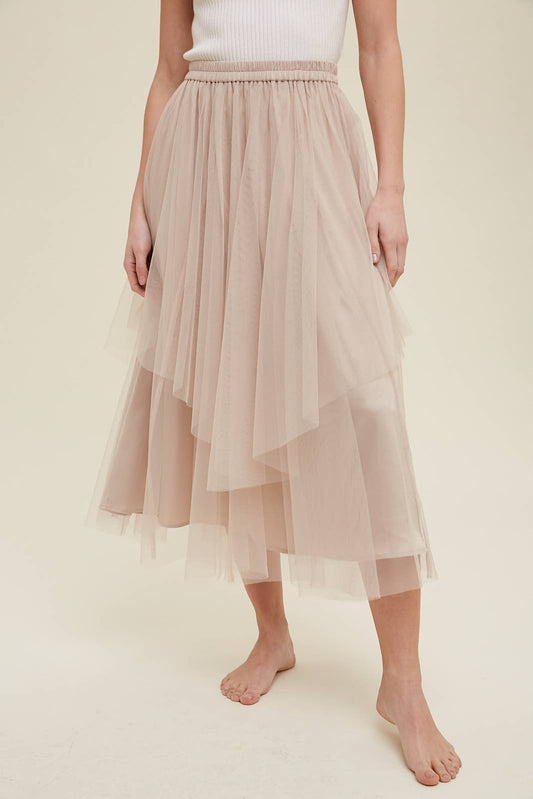 close up of Champagne Tulle Midi Skirt