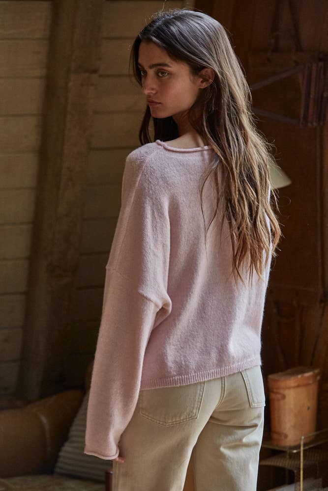 W2114 | Knit Sweater Rolled Round Neck Pullover Top: Off White / L