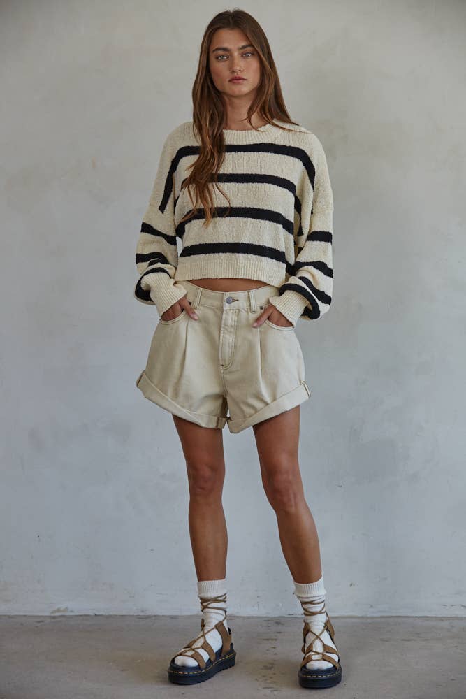 W1856 | Knit Sweater Striped Crewneck Long Sleeve Top: Natural Lime