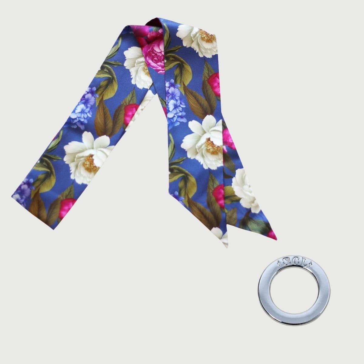 Twilly-Tie Set-Romantic Blue Floral | Wrist Scarf Ring 42": Classic Gold