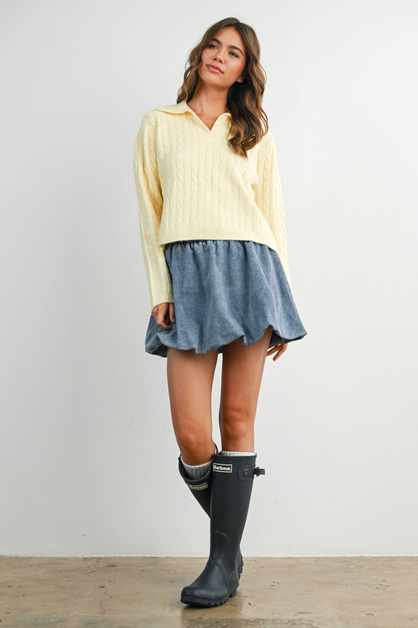Denim Bubble Skirt – Elastic Waist Medium Wash Skirt