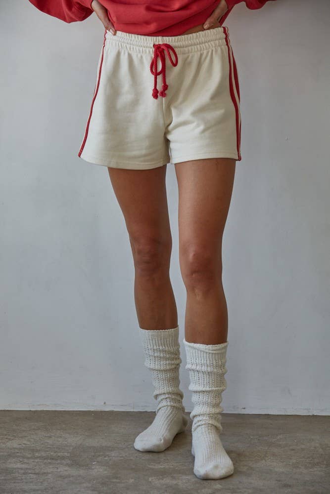 L8598B | Knit Cotton French Terry Wide Leg Shorts: Cream Red