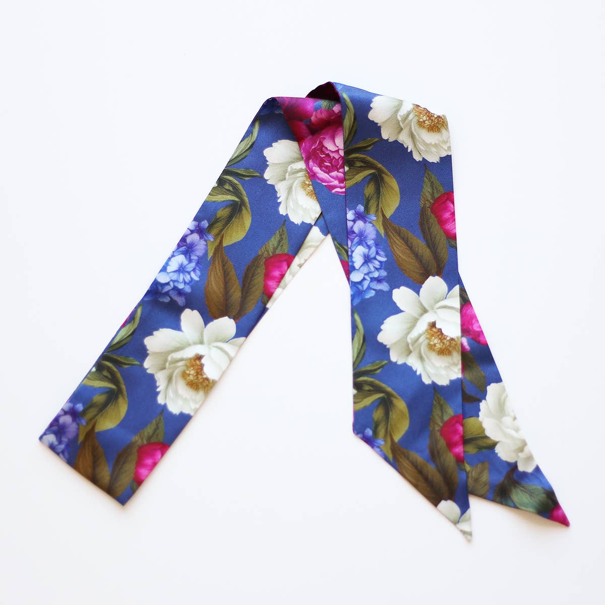 Twilly-Tie Set-Romantic Blue Floral | Wrist Scarf Ring 42": Classic Gold