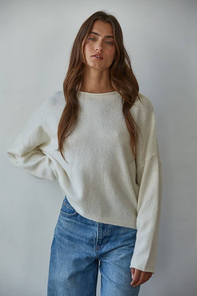 W2114 | Knit Sweater Rolled Round Neck Pullover Top: Off White / L