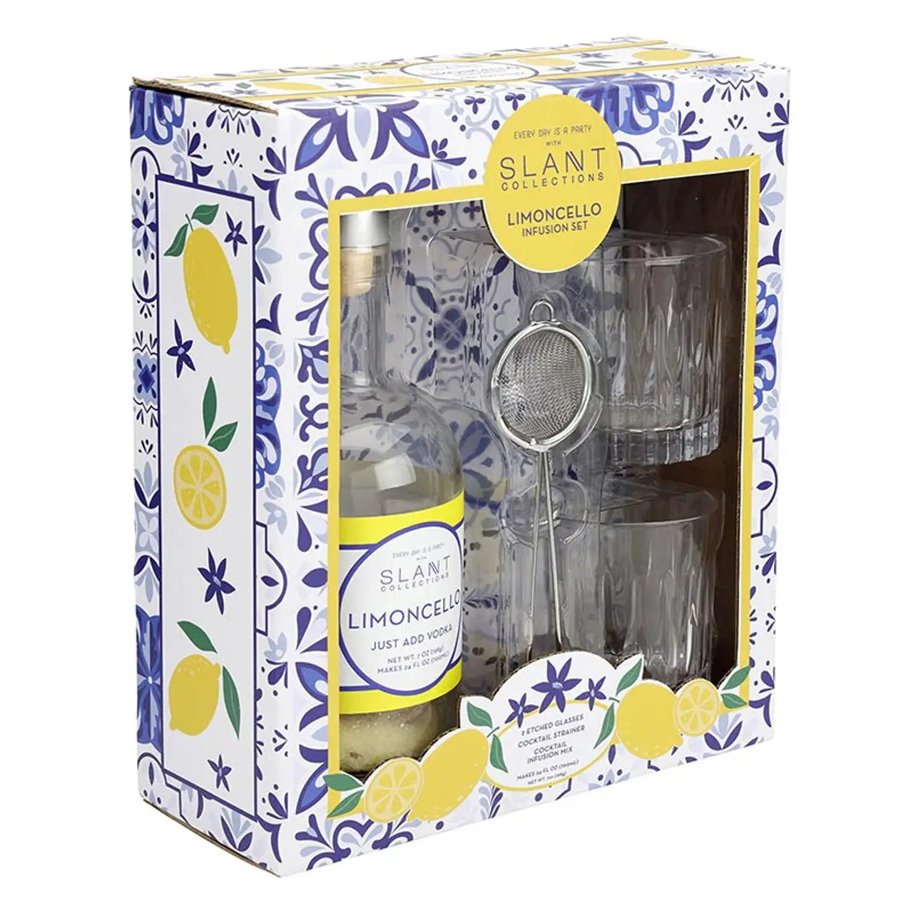 Slant Limoncello gift set with bottle, two glasses, and strainer in decorative box.