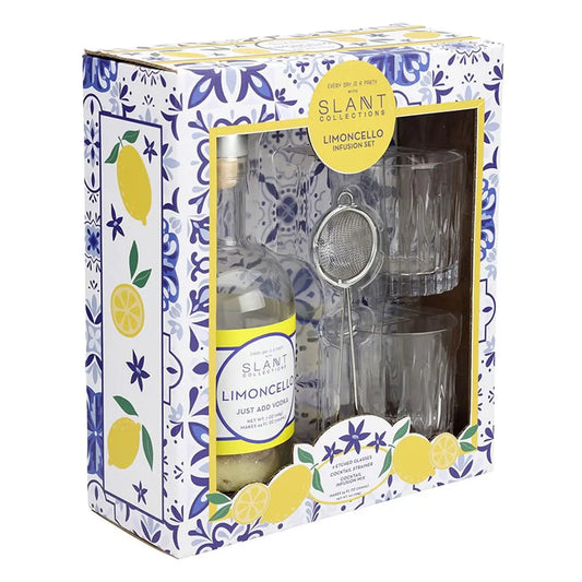 Slant Limoncello gift set with bottle, two glasses, and strainer in decorative box.