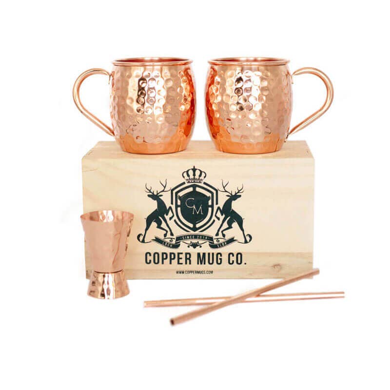 Moscow Mule Copper Mugs Gift Set of Two in Wooden Box: Barrel Smooth