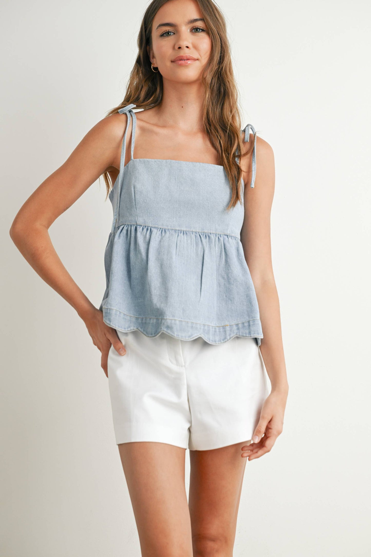 Denim Peplum Tie-Strap Top