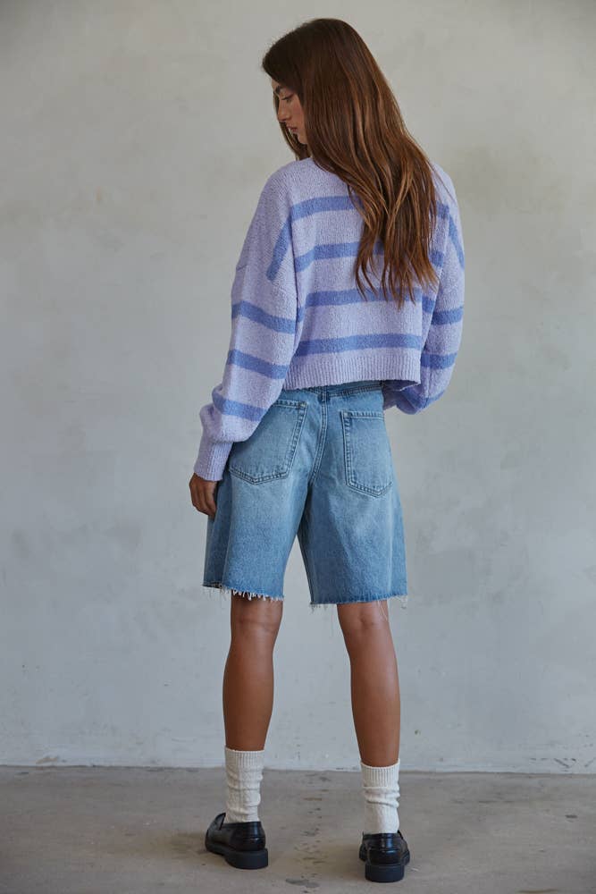 W1856 | Knit Sweater Striped Crewneck Long Sleeve Top: Natural Lime