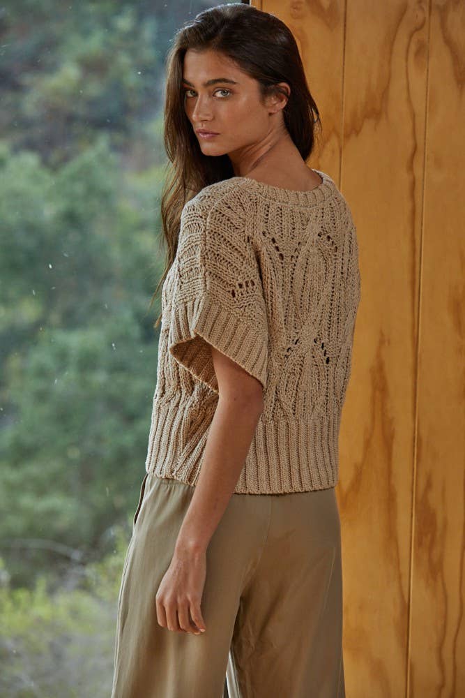 W1124 | Knit Sweater Crochet Round Neck Short Sleeve Top: Cream