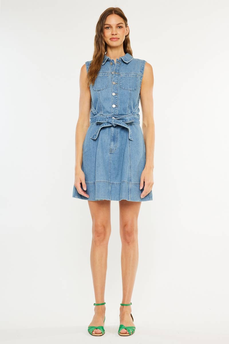 Sleeveless Denim Button Down Dress with Tie