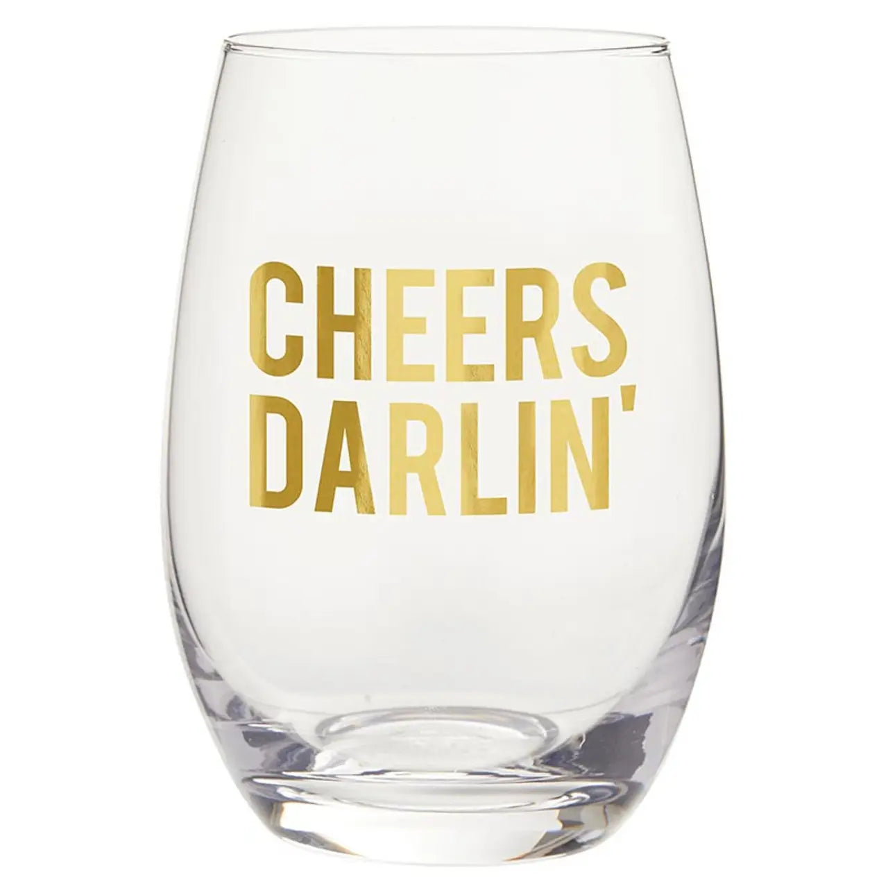 Clear glass with gold text 'Cheers Darlin'' on a white background