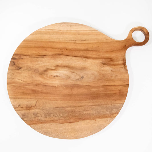 Wooden cutting board with a handle on a white background