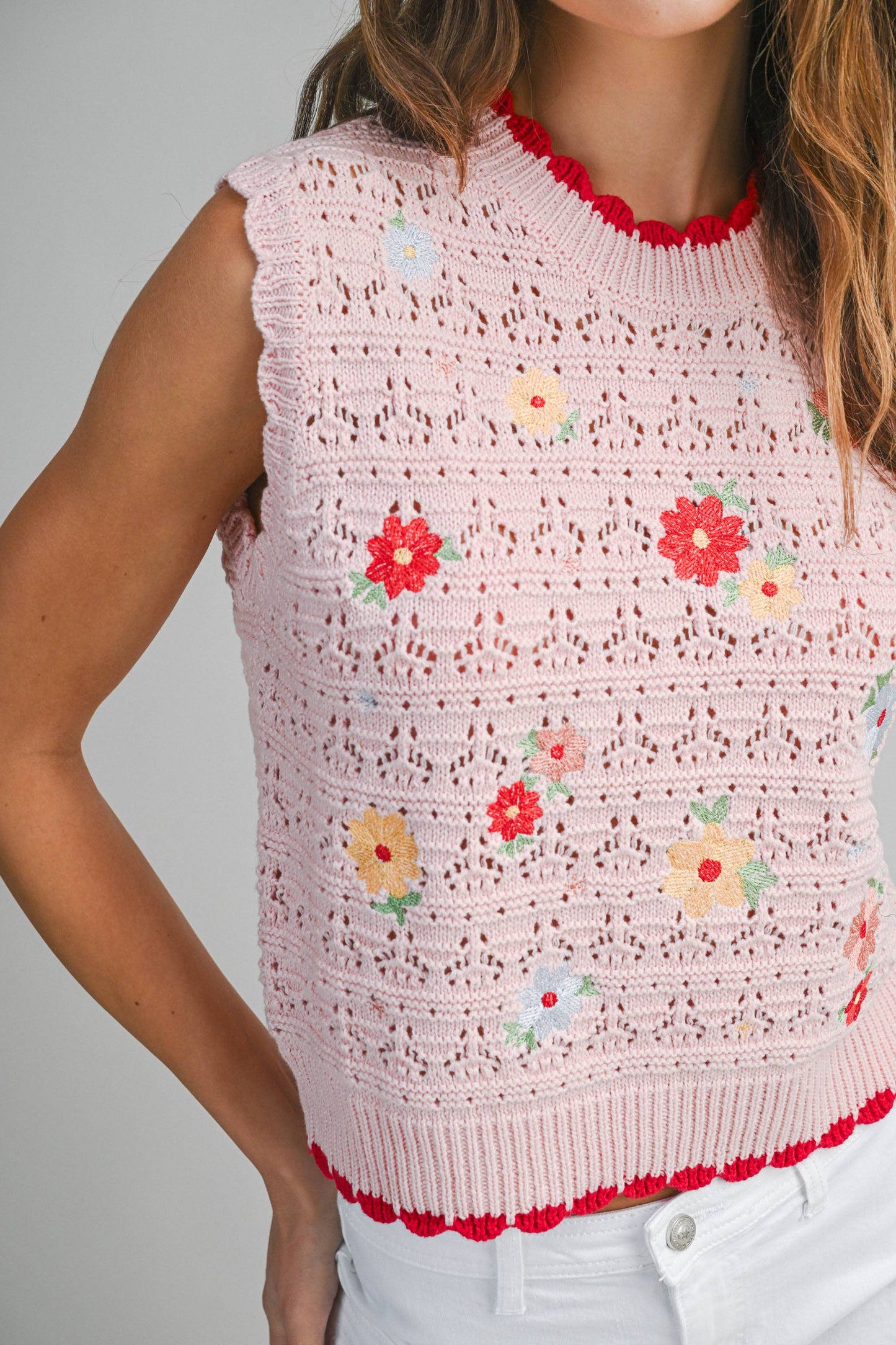 Floral Crochet Knit Sleeveless Top: Pink / M